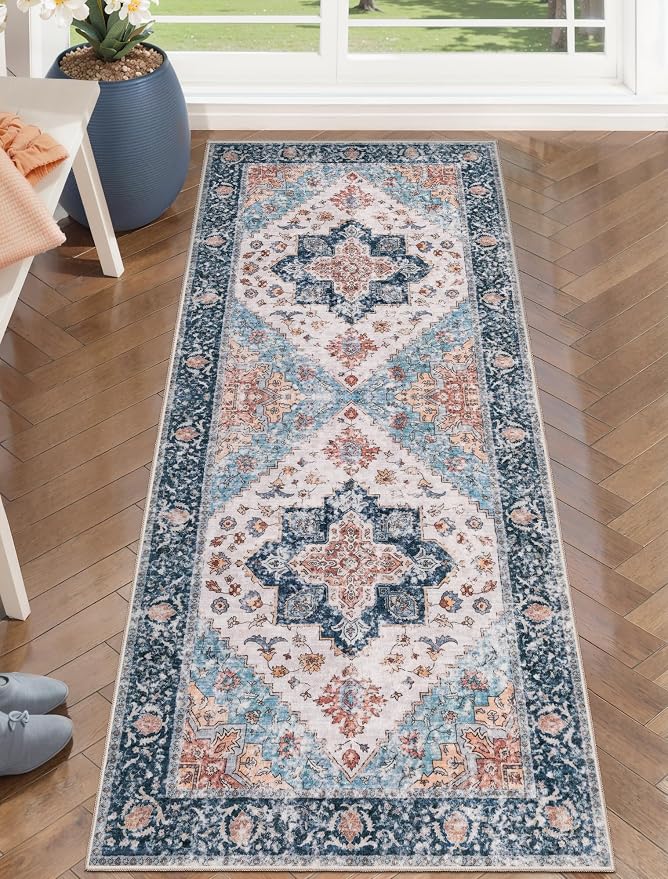 SERISSA Boho Washable Runner Rug, 2x5 Rug Non-Slip Vintage Blue Orange Hallway