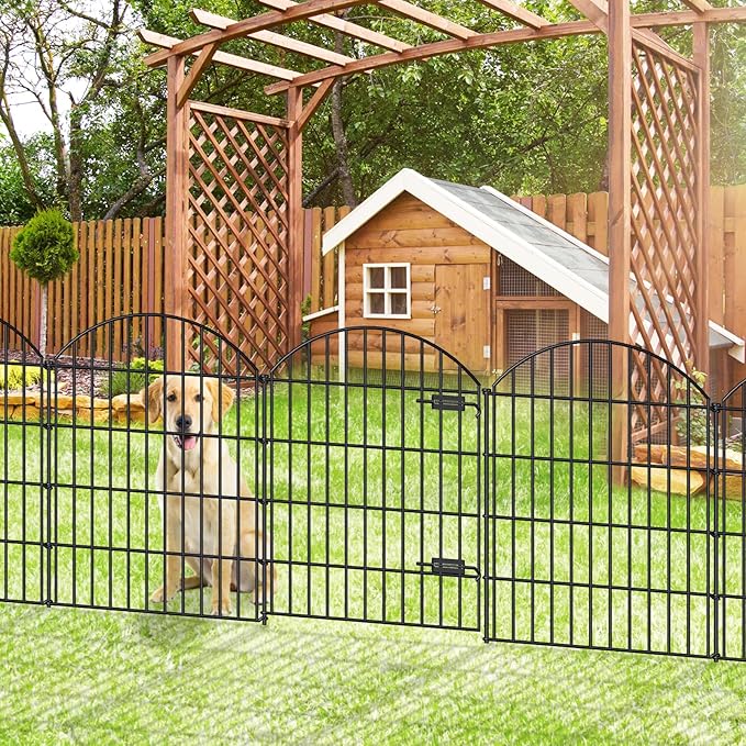 Metal Garden Fence with Gate 36in (H) x 11.7ft (L), 1 Gate+ 4 Panels Dog Fence Border Fence Animal Barrier, No Dig Garden Fencing for Yard Flower Bed Lawn Patio Outdoor, ECG3505, Black