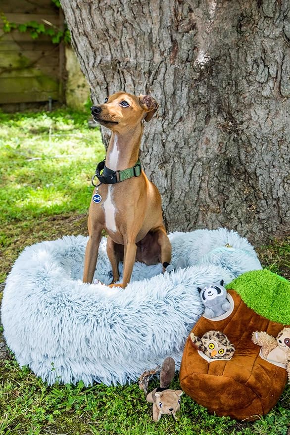 Glow Pups Dog Bed Ultra-Soft Faux Fur Calming Comfort, Memory Foam, Nesting Bolster, Removable Fur Cover, Non-Slip Base, Machine Washable, Deep Sleep Bed, Light Grey (35.4 X 25.6 X 7.9)