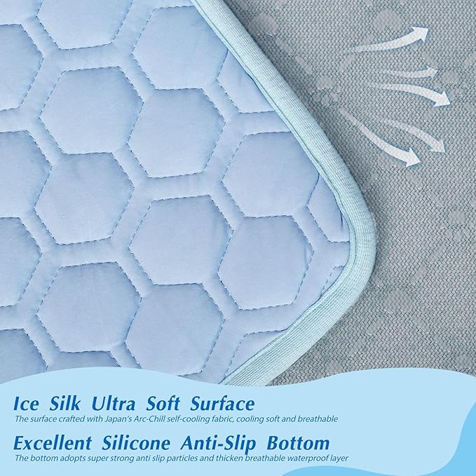 Cooling Mat for Dogs, Thick Breathable Dog Cooling Mat Q-MAX>0.45, Dog Cooling Bed Chill Cool Fiber & Non-Slip Bottom Cold Crate Pad Kennel Bed for Dog Puppy and Cat, Non-Toxic, Foldable & Washable