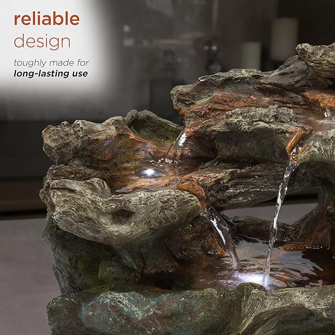 Alpine Corporation WIN1334 10" Tall Tabletop 3-Tier Waterfall Rock Fountain with LED Lights, Indoor Decorative Water Feature for Desk, Table, Office, and Home, Brown