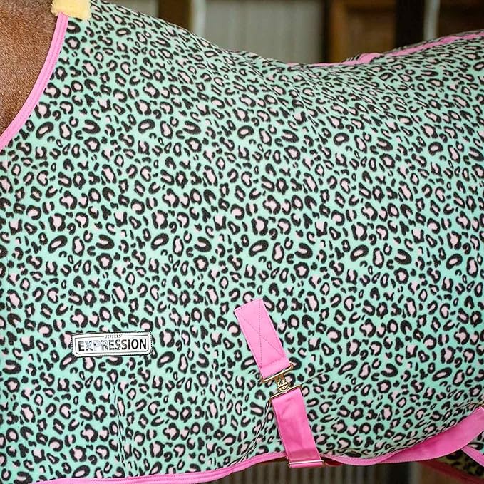 Jeffers Expression Fleece Cooler for Horses, Standard Neck, Party Cheetah 81"- Equine Towel Blanket, Moisture Absorbent, Light Weight, Best for Drying, Exercise, Bathing, Adjustable Belly Bands