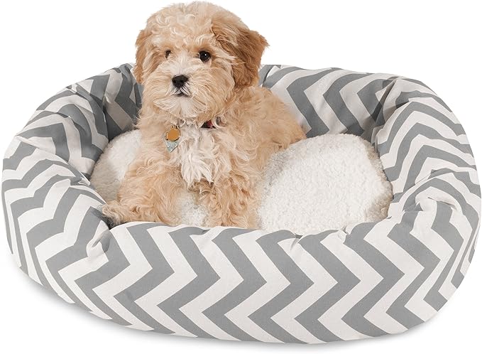Majestic Pet 24 Inch Chevron Sherpa Calming Dog Bed Washable – Cozy Soft Round Pet Bed with Spine for Head Support - Fluffy Donut Bed 24x19x7 (inch) – Small - GRAY
