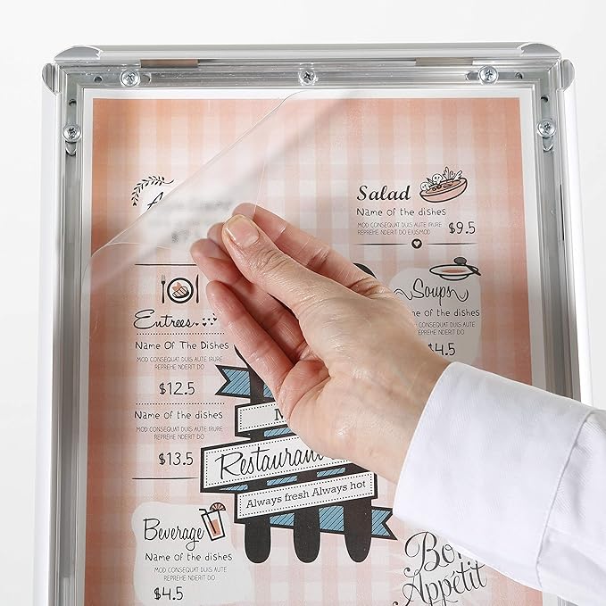 M&T Displays Curved Menu Board, 18x24 Inch Pedestal Sign Holder with 8.5x11 Inch Brochure Holder Silver Floor Standing Aluminum Front Loading Easy Open Poster Message Advertisement Post