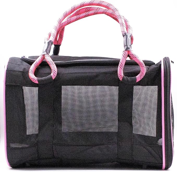 Buddy's Best Airline Approved Pet Carrier Black & Pink Heavy Duty, Fits Under Seat, TSA Compliant, Ventilated Mesh Design w/Waterproof Base & Reflective Safety Strips