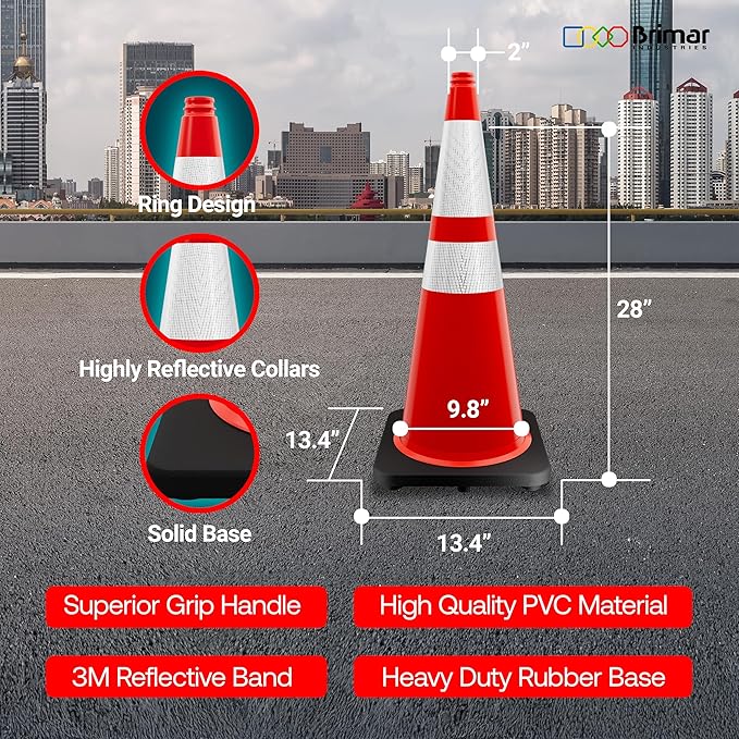 Brimar 28 Inch Traffic Cones, 12 Pack, Orange PVC Safety Cones with Black Base for Construction, Road Parking, MUTCD Approved Traffic Cones with 3M Reflective Bands, Structurally Stable Wearproof