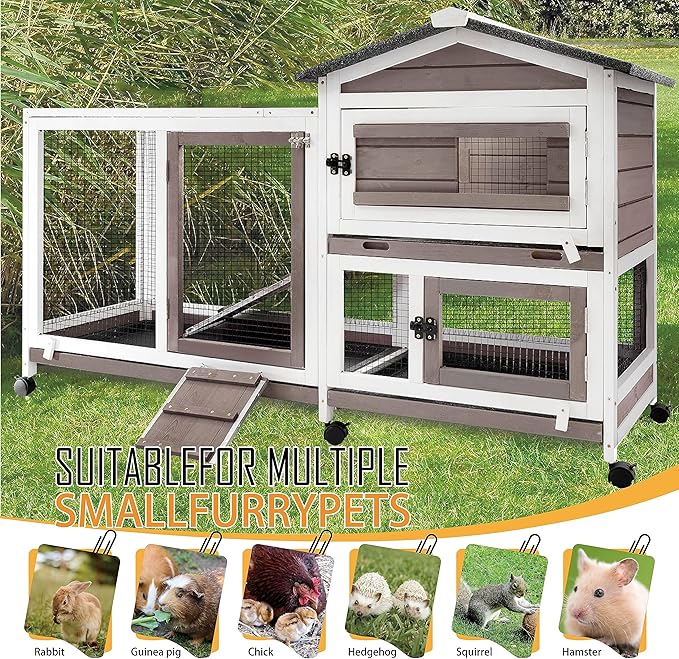 PetsCosset 57" L Rabbit Hutch Indoor Outdoor 2 Story Large Bunny Hutch with Run Guinea Pig Cage Wooden Rabbit Cage with Removable 3 Pull Out Trays Pet House for Small-Medium Animals