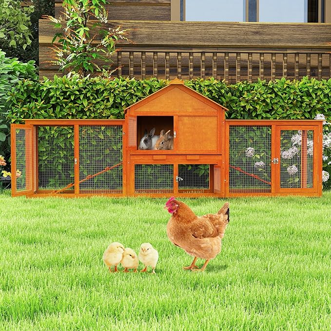 82.5” Large Wooden Rabbit Hutch Outdoor Easy to Assemble Rabbit Cage and Durable Bunny Hutch Indoor with Cleaning Tray & Waterproof Roof for Small and Medium Bunny Rabbit Chick (Orange)