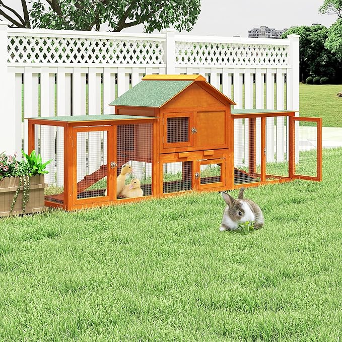 82.5” Large Wooden Rabbit Hutch Outdoor Easy to Assemble Rabbit Cage and Durable Bunny Hutch Indoor with Cleaning Tray & Waterproof Roof for Small and Medium Bunny Rabbit Chick (Orange)